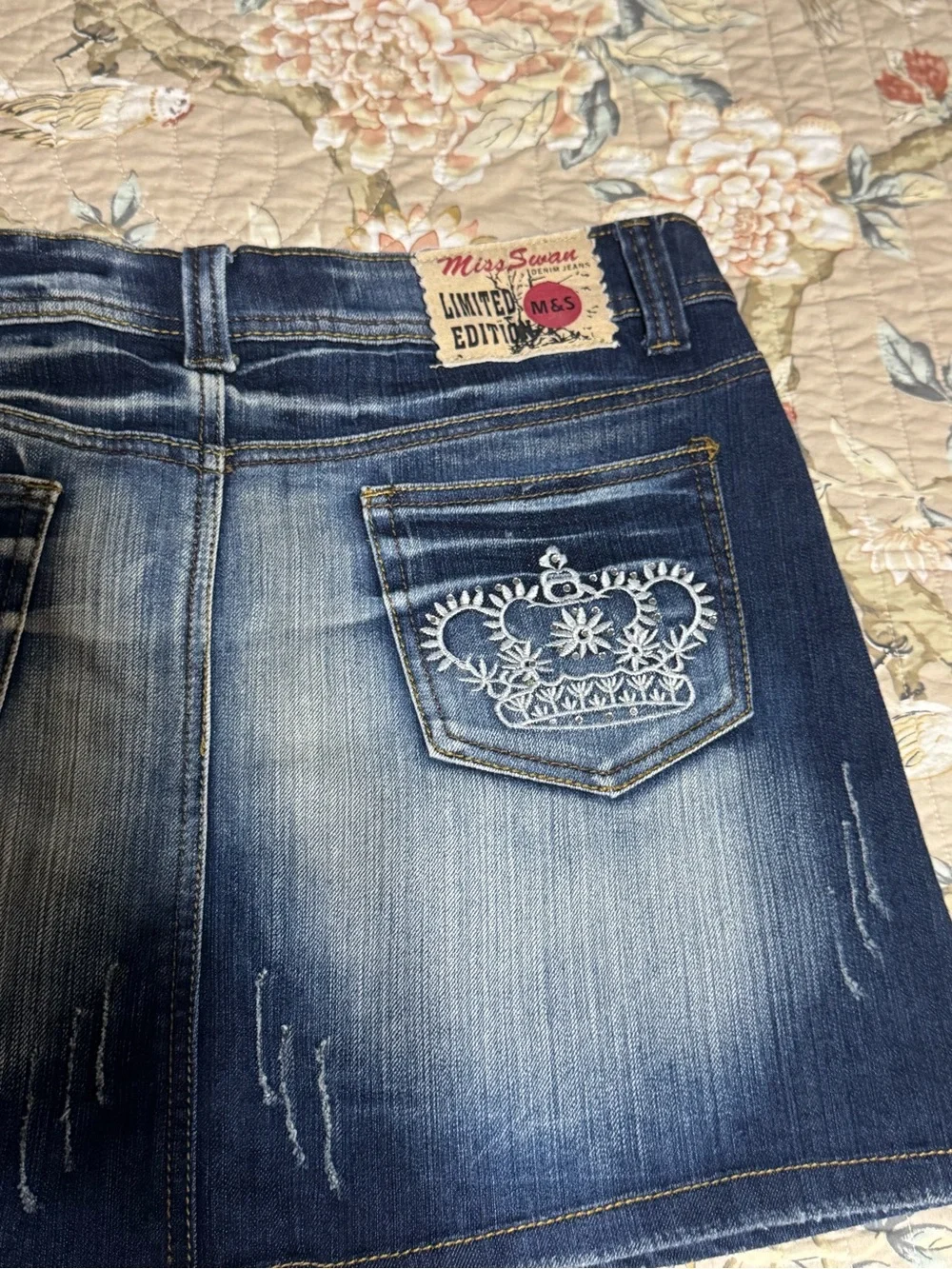 Washed Dark Blue Denim Mini Skirt - Embroidered Pocket Detail